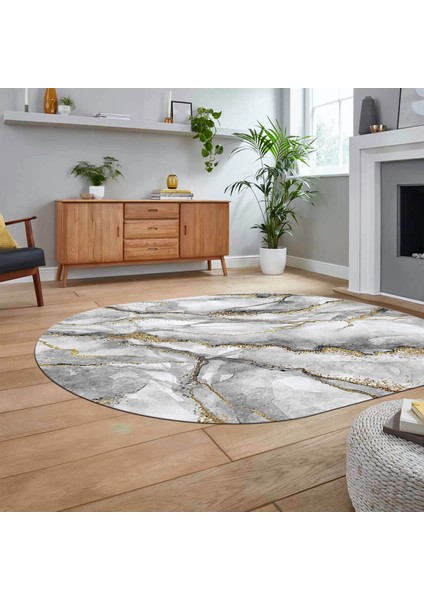 Dijital Kaymaz Taban Yıkanabilir Oval Mermer Desen Mutfak Salon Halısı, V-O-Mermer-02-Gri,