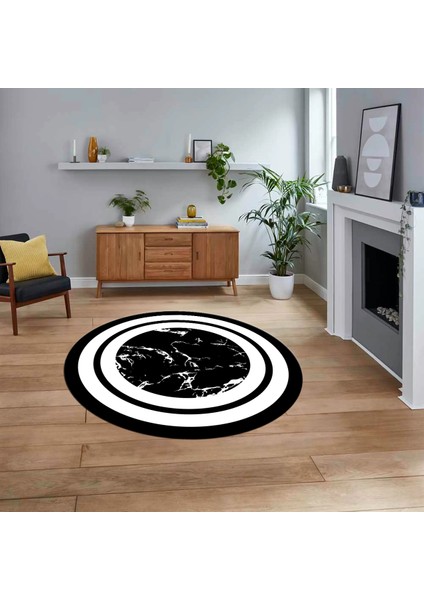 Dijital Kaymaz Taban Yıkanabilir Yuvarlak Mermer Desen Mutfak Salon Halısı, V-Y-Mermer-06-Siyah,