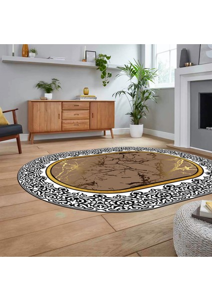 Dijital Kaymaz Taban Yıkanabilir Oval Mermer Desen Mutfak Salon Halısı, V-O-Mermer-10-Kahve,