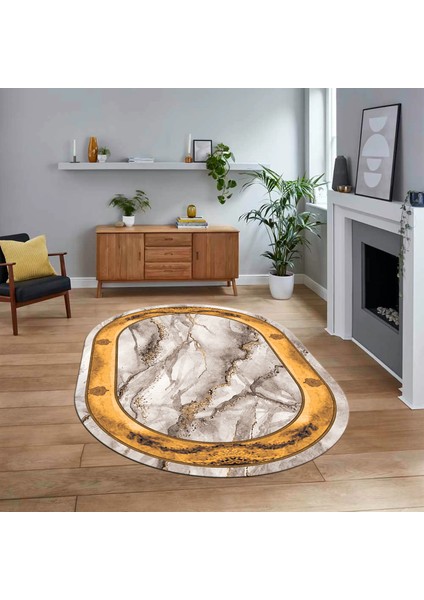 Dijital Kaymaz Taban Yıkanabilir Oval Mermer Desen Mutfak Salon Halısı, V-O-Mermer-03-Kahve,