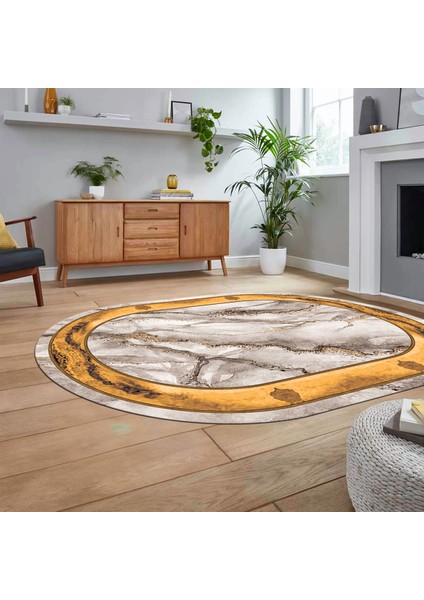 Dijital Kaymaz Taban Yıkanabilir Oval Mermer Desen Mutfak Salon Halısı, V-O-Mermer-03-Kahve,