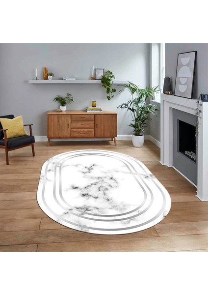 Dijital Kaymaz Taban Yıkanabilir Oval Mermer Desen Mutfak Salon Halısı, V-O-Mermer-05-Gri,