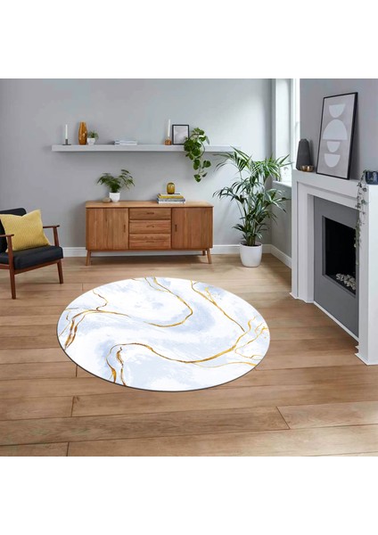 Dijital Kaymaz Taban Yıkanabilir Yuvarlak Mermer Desen Mutfak Salon Halısı, V-Y-Mermer-29-Mavi,