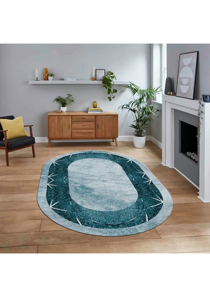 Dijital Kaymaz Taban Yıkanabilir Oval Mermer Desen Mutfak Salon Halısı, V-O-Mermer-13-Mavi,