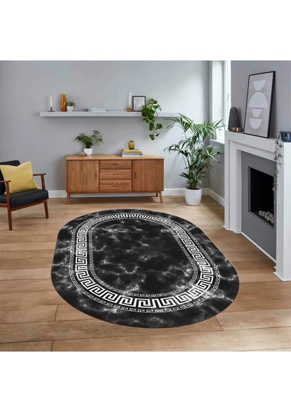 Dijital Kaymaz Taban Yıkanabilir Oval Mermer Desen Mutfak Salon Halısı, V-O-Mermer-14-Antrasit,