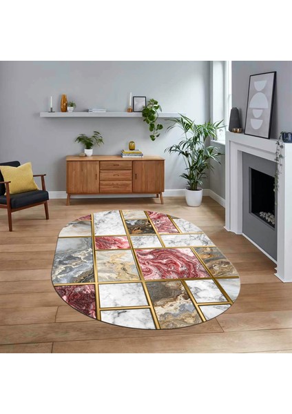 Dijital Kaymaz Taban Yıkanabilir Oval Mermer Desen Mutfak Salon Halısı, V-O-Mermer-28-Bordo,