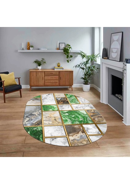 Dijital Kaymaz Taban Yıkanabilir Oval Mermer Desen Mutfak Salon Halısı, V-O-Mermer-28-Yeşil,