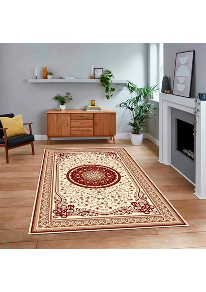 Dijital Baskılı Kaymaz Taban Yıkanabilir Klasik Desen Yolluk Salon Halısı, V-Klasik-18-Bordo,