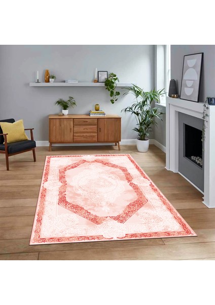 Dijital Baskılı Kaymaz Taban Yıkanabilir Klasik Desen Yolluk Salon Halısı, V-Klasik-01-Kırmızı,