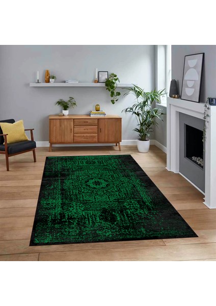 Dijital Baskılı Kaymaz Taban Yıkanabilir Klasik Desen Yolluk Salon Halısı, V-Klasik-12-Yeşil,