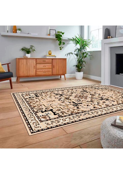 Dijital Baskılı Kaymaz Taban Yıkanabilir Klasik Desen Yolluk Salon Halısı, V-Klasik-10-Siyah,