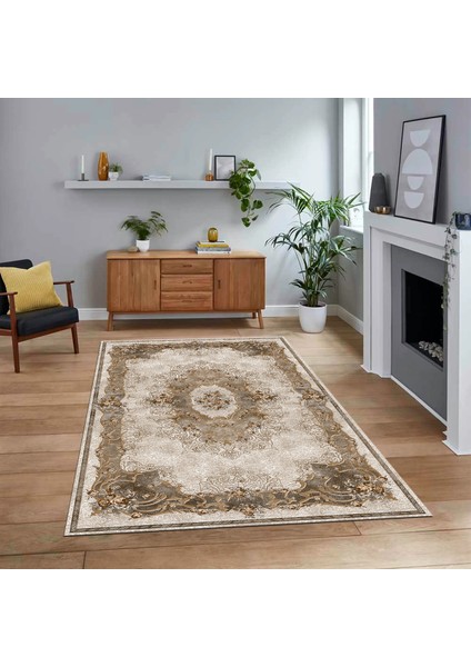 Dijital Baskılı Kaymaz Taban Yıkanabilir Klasik Desen Yolluk Salon Halısı, V-Klasik-29-Kahve,