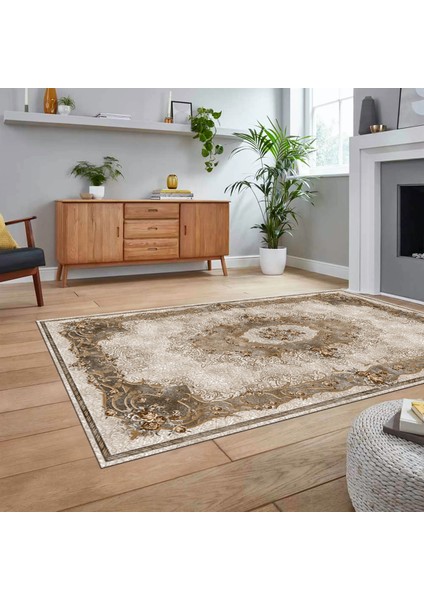 Dijital Baskılı Kaymaz Taban Yıkanabilir Klasik Desen Yolluk Salon Halısı, V-Klasik-29-Kahve,