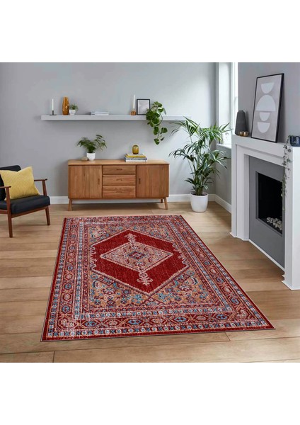 Dijital Baskılı Kaymaz Taban Yıkanabilir Klasik Desen Yolluk Salon Halısı, V-Klasik-06-Kırmızı,