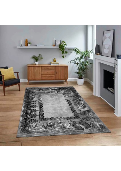 Dijital Baskılı Kaymaz Taban Yıkanabilir Klasik Desen Yolluk Salon Halısı, V-Klasik-08-Gri,