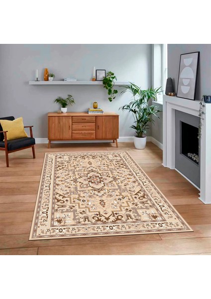 Dijital Baskılı Kaymaz Taban Yıkanabilir Klasik Desen Yolluk Salon Halısı, V-Klasik-10-Kahve,