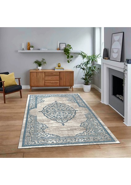 Dijital Baskılı Kaymaz Taban Yıkanabilir Klasik Desen Yolluk Salon Halısı, V-Klasik-15-Mavi,