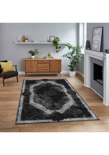 Dijital Baskılı Kaymaz Taban Yıkanabilir Klasik Desen Yolluk Salon Halısı, V-Klasik-01-Antrasit,
