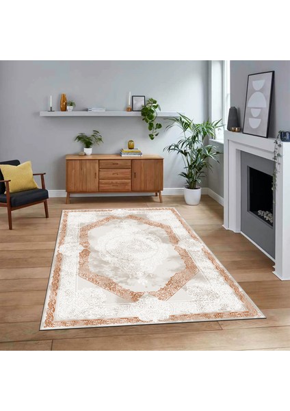 Dijital Baskılı Kaymaz Taban Yıkanabilir Klasik Desen Yolluk Salon Halısı, V-Klasik-01-Kahve,
