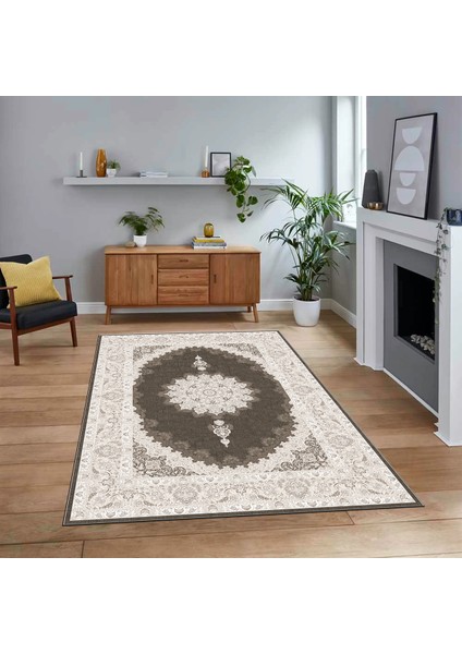 Dijital Baskılı Kaymaz Taban Yıkanabilir Klasik Desen Yolluk Salon Halısı, V-Klasik-03-Kahve,