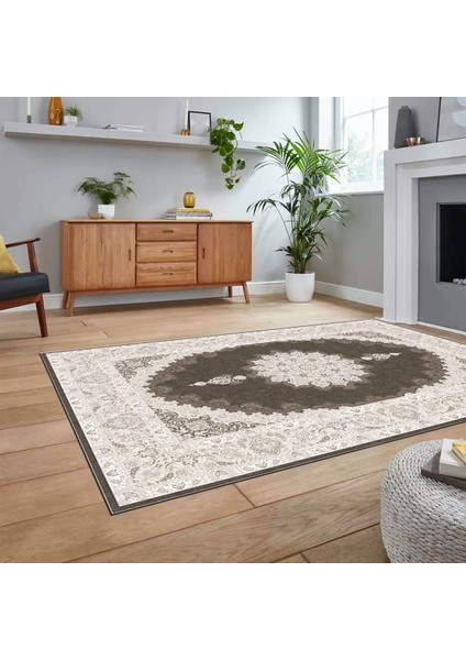 Dijital Baskılı Kaymaz Taban Yıkanabilir Klasik Desen Yolluk Salon Halısı, V-Klasik-03-Kahve,