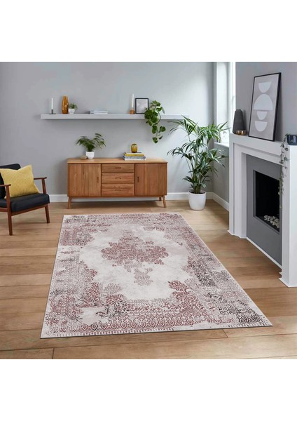 Dijital Baskılı Kaymaz Taban Yıkanabilir Klasik Desen Yolluk Salon Halısı, V-Klasik-22-Pembe,