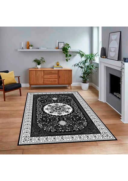 Dijital Baskılı Kaymaz Taban Yıkanabilir Klasik Desen Yolluk Salon Halısı, V-Klasik-27-Antrasit,
