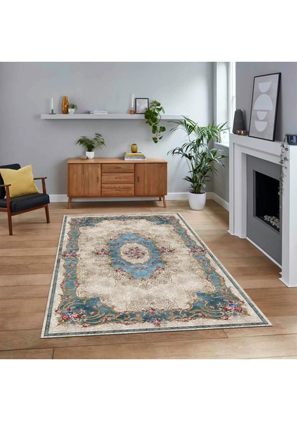 Dijital Baskılı Kaymaz Taban Yıkanabilir Klasik Desen Yolluk Salon Halısı, V-Klasik-29-Mavi,