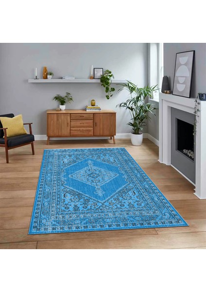 Dijital Baskılı Kaymaz Taban Yıkanabilir Klasik Desen Yolluk Salon Halısı, V-Klasik-06-Mavi,