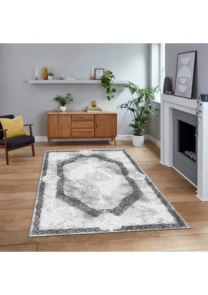 Dijital Baskılı Kaymaz Taban Yıkanabilir Klasik Desen Yolluk Salon Halısı, V-Klasik-01-Gri,