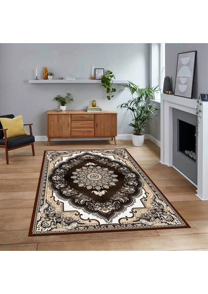 Dijital Baskılı Kaymaz Taban Yıkanabilir Klasik Desen Yolluk Salon Halısı, V-Klasik-13-Kahve,