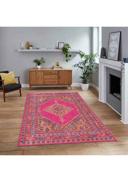 Dijital Baskılı Kaymaz Taban Yıkanabilir Klasik Desen Yolluk Salon Halısı, V-Klasik-06-Pembe,