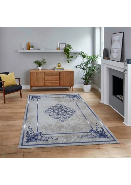 Dijital Baskılı Kaymaz Taban Yıkanabilir Klasik Desen Yolluk Salon Halısı, V-Klasik-05-Mavi,