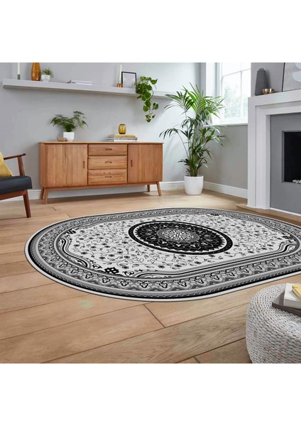 Dijital Kaymaz Taban Yıkanabilir Oval Klasik Desen Yolluk Salon Halısı, V-O-Klasik-18-Gri, fiyatları