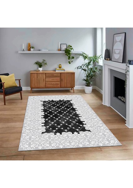 Dijital Baskılı Kaymaz Taban Yıkanabilir Klasik Desen Yolluk Salon Halısı, V-Klasik-04-Beyaz,