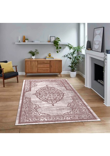 Dijital Baskılı Kaymaz Taban Yıkanabilir Klasik Desen Yolluk Salon Halısı, V-Klasik-15-Pembe,