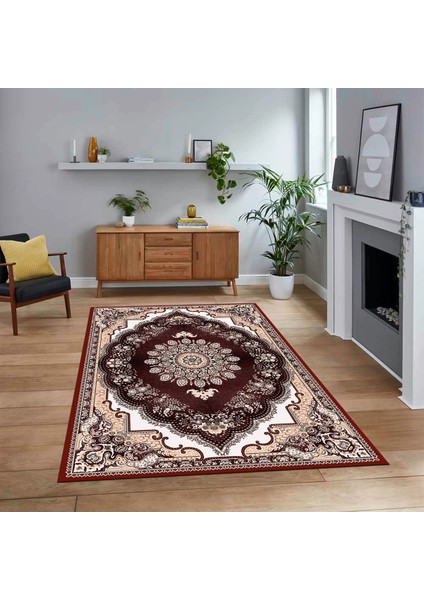 Dijital Baskılı Kaymaz Taban Yıkanabilir Klasik Desen Yolluk Salon Halısı, V-Klasik-13-Bordo,