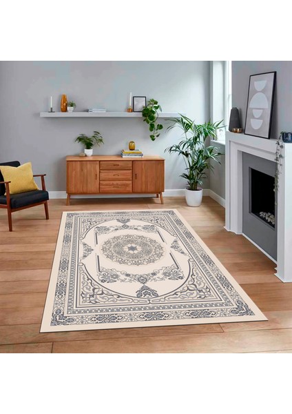 Dijital Baskılı Kaymaz Taban Yıkanabilir Klasik Desen Yolluk Salon Halısı, V-Klasik-17-Krem,