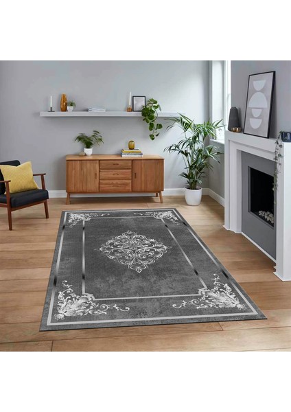 Dijital Baskılı Kaymaz Taban Yıkanabilir Klasik Desen Yolluk Salon Halısı, V-Klasik-05-Antrasit,