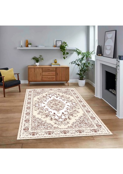 Dijital Baskılı Kaymaz Taban Yıkanabilir Klasik Desen Yolluk Salon Halısı, V-Klasik-23-Krem,