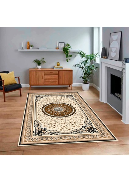 Dijital Baskılı Kaymaz Taban Yıkanabilir Klasik Desen Yolluk Salon Halısı, V-Klasik-18-Kahve,