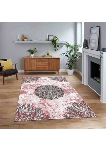 Dijital Baskılı Kaymaz Taban Yıkanabilir Klasik Desen Yolluk Salon Halısı, V-Klasik-19-Pembe,