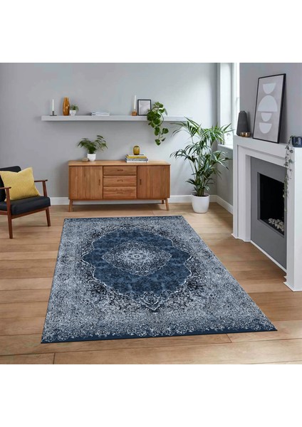 Dijital Baskılı Kaymaz Taban Yıkanabilir Klasik Desen Yolluk Salon Halısı, V-Klasik-07-Mavi,