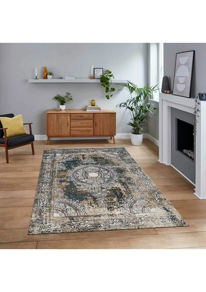 Dijital Baskılı Kaymaz Taban Yıkanabilir Klasik Desen Yolluk Salon Halısı, V-Klasik-25-Mavi,