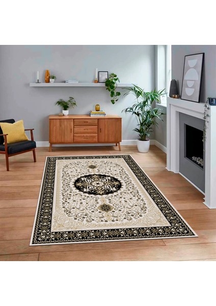 Dijital Baskılı Kaymaz Taban Yıkanabilir Klasik Desen Yolluk Salon Halısı, V-Klasik-27-Siyah,