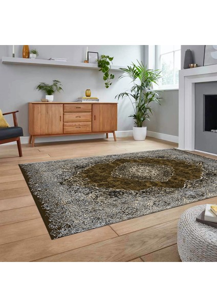 Dijital Baskılı Kaymaz Taban Yıkanabilir Klasik Desen Yolluk Salon Halısı, V-Klasik-07-Kahve,