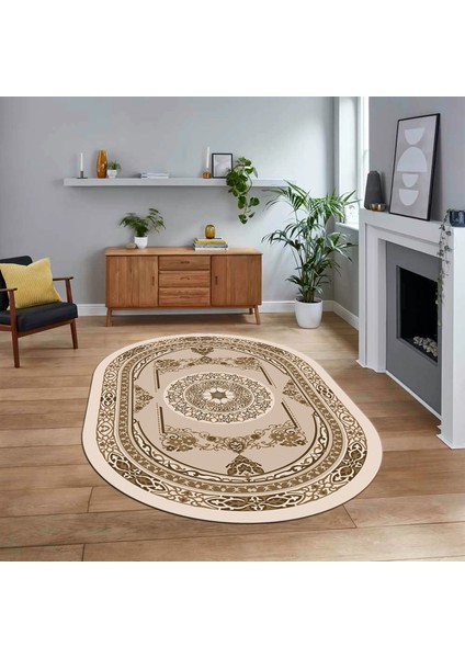 Dijital Kaymaz Taban Yıkanabilir Oval Klasik Desen Yolluk Salon Halısı, V-O-Klasik-17-Kahve,