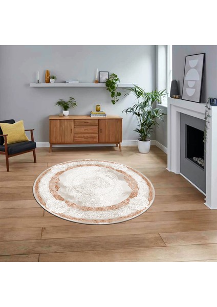 Dijital Kaymaz Taban Yıkanabilir Yuvarlak Klasik Desen Mutfak Salon Halısı, V-Y-Klasik-01-Kahve,