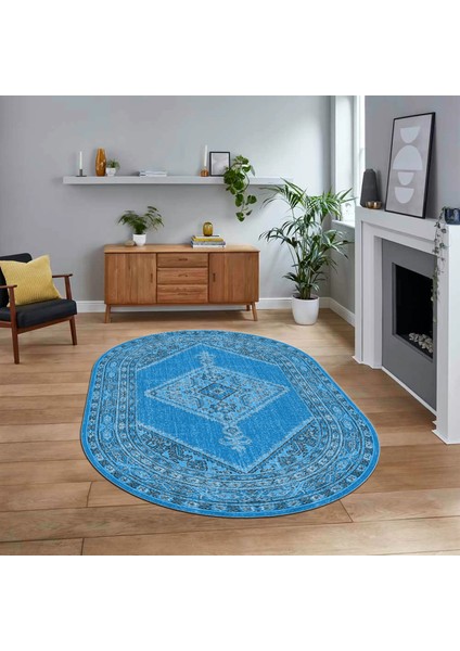 Dijital Kaymaz Taban Yıkanabilir Oval Klasik Desen Yolluk Salon Halısı, V-O-Klasik-06-Mavi,