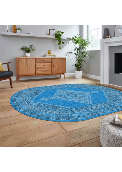 Dijital Kaymaz Taban Yıkanabilir Oval Klasik Desen Yolluk Salon Halısı, V-O-Klasik-06-Mavi, fiyatları